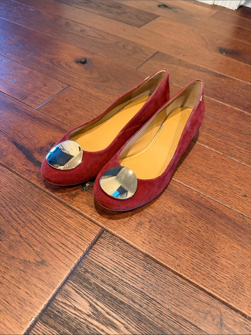 Tory Burch Rust Suede Patos flats with Gold Disc